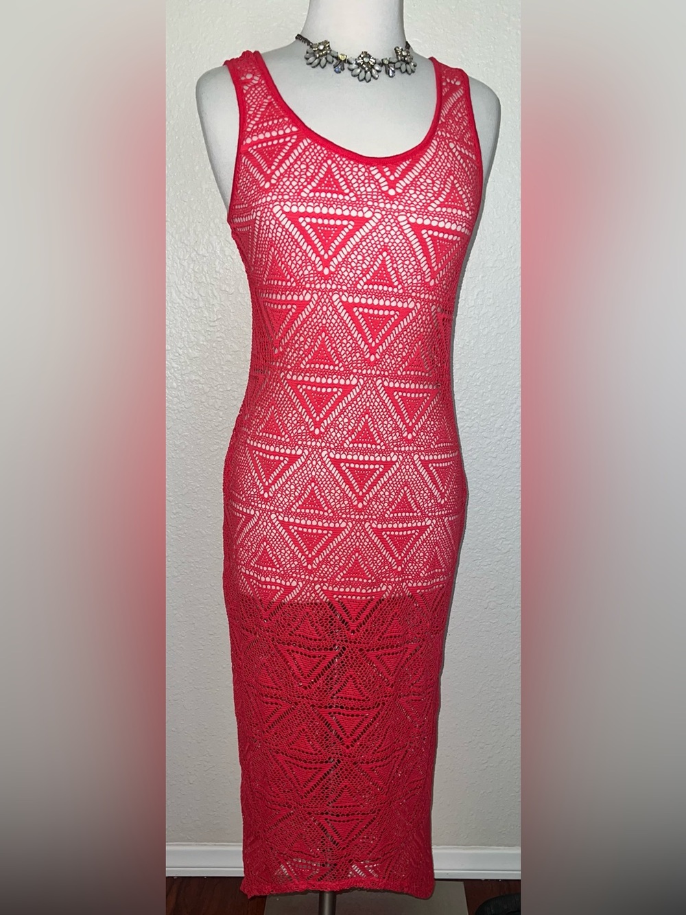 Miken Red Crochet Tank Bodycon Swim Cover Dress